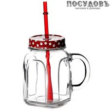 Pasabahce HomeMade 80388R кружка, 450 мл, стекло, красный, с крышкой и трубочкой 3 пр.