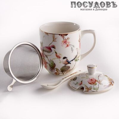 Beatrix МЛ094А кружка подарочная с крышкой, ситом и ложкой, 340 мл, фарфор, в подарочной упаковке 4 пр.
