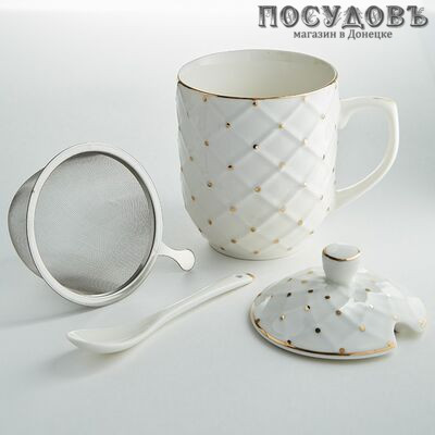 Beatrix МЛ095А кружка подарочная с крышкой, фильтром и ложкой, 340 мл, фарфор, в упаковке 4 пр.