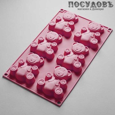 Alpenkok "Медвежата" AK-6063S розовый, прямоугольная форма для выпечки кексов, 6 формочек, силикон,  290×170×20 мм, в упаковке 1 шт
