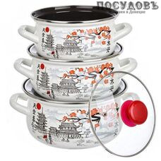 КМК Ветка сакуры Экстра набор посуды, 3 кастрюли с крышками, сталь эмалированная, 6 пр.