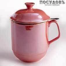Beatrix МЛ071A кружка подарочная 500 мл, с ситом и крышкой, фарфор, красная с золотой обводкой, в подарочной упаковке 3 пр.