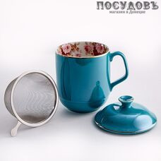 Beatrix МЛ072A кружка подарочная 500 мл, с ситом и крышкой, фарфор, синий сапфир с золотой обводкой, в подарочной упаковке 3 пр.