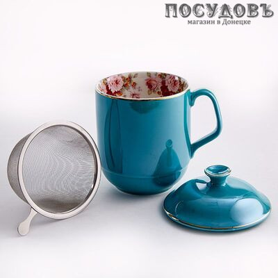 Beatrix МЛ072A кружка подарочная 500 мл, с ситом и крышкой, фарфор, синий сапфир с золотой обводкой, в подарочной упаковке 3 пр.
