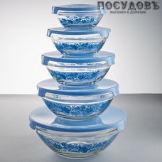 Забава Гжель РК-0003 салатники в наборе с крышкой, стекло упрочненное, Россия, в упаковке 10 пр.