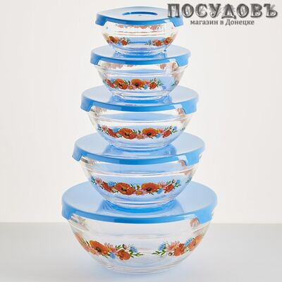 Забава Маки РК-0002 салатники в наборе с крышкой, стекло упрочненное, Россия, в упаковке 10 пр.