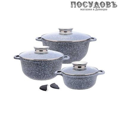Klausberg KB-7324 набор кастрюль 2,3; 4,5; 6,8 л с крышками, 2 прихватки, алюминий литой, 8 пр.