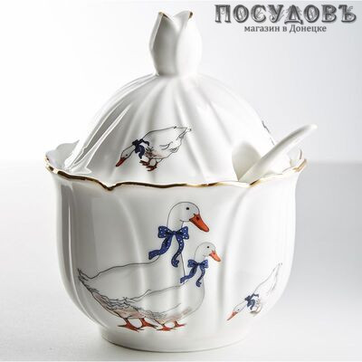 Beatrix Гуси МН092E сахарница с крышкой и ложкой, цвет белый с рисунком, 250 мл, фарфор, в упаковке 3 предмета