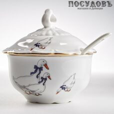 Beatrix Гуси МН093E сахарница с крышкой и ложкой, цвет белый с рисунком, 250 мл, фарфор, в упаковке 3 предмета