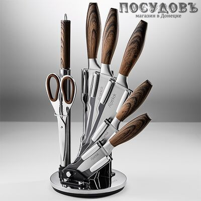 Alpenkok AK-2111 ножи в наборе (5 ножей; мусат; ножницы кухонные; подставка), сталь нержавеющая, 8 пр.