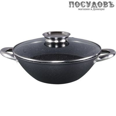 Webber Черный мрамор BE-905/26 казан-вок с крышкой Ø260×95 мм, чугун облегченный, мраморное покрытие, 2 пр.