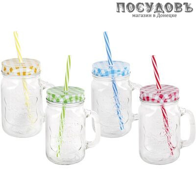 Коралл Кэнди 4952 банка для смузи с крышкой и трубочкой, стекло, микс