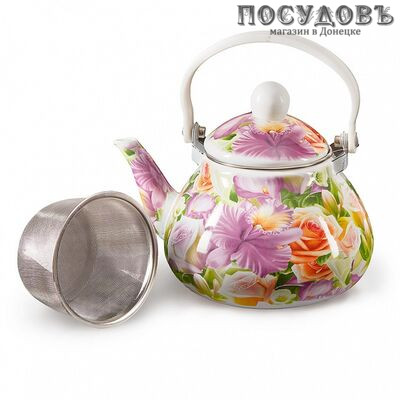 Metalloni EM-131X1/8 Орхидея чайник с фильтром, 1,3 л, сталь эмалированная, цвет: белый с рисунком