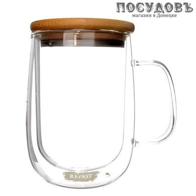 Repast Double Wall DC7945H кружка с двойной стенкой с бамбуковой крышкой, 450 мл, стекло термостойко