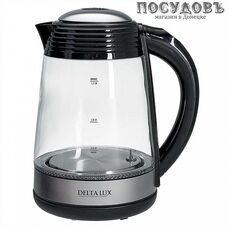 Delta Lux DE-1009 электрочайник, 2200 Вт, 1700 мл, стекло термостойкое, подсветка, цвет черный