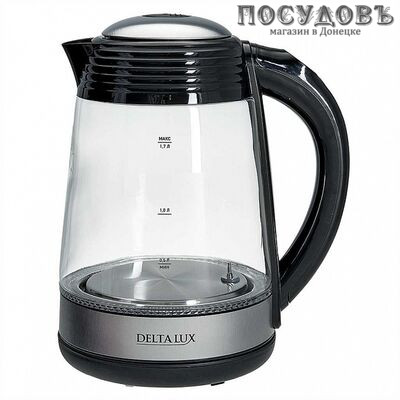 Delta Lux DE-1009 электрочайник, 2200 Вт, 1700 мл, стекло термостойкое, подсветка, цвет черный