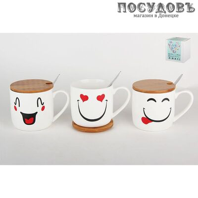 Коралл Влюбленный смайлик 2619 кружка подарочная, 370 мл, фарфор, с крышкой и ложкой, в подарочной упаковке 3 пр.