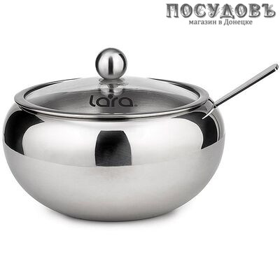 LARA LR08-35 сахарница с ложкой, 460 мл, стекло, сталь нержавеющая