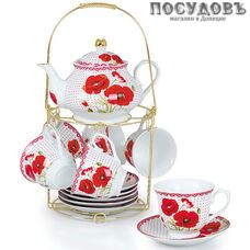 Rosario Маки Ф5-018К/13 чайный сервиз, фарфор, металлическая подставка, цветная коробка 13 пр.
