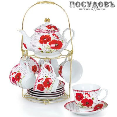 Rosario Маки Ф5-018К/13 чайный сервиз, фарфор, металлическая подставка, цветная коробка 13 пр.