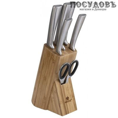 KING Hoff KH-1555 ножи в наборе (5 ножей; ножницы кухонные; подставка), сталь нержавеющая, 7 пр.