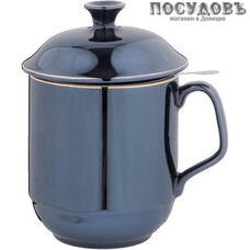 Lefard 275-1028 кружка подарочная 500 мл, с ситом и крышкой, фарфор, синий сапфир с золотой обводкой Базальт, в подарочной упаковке 3 пр.