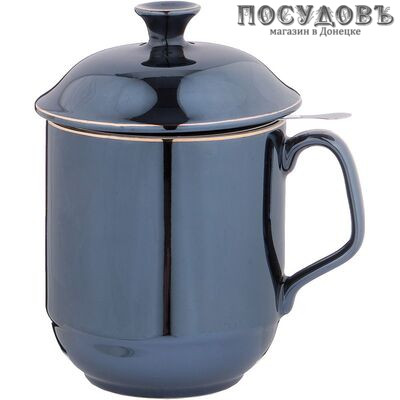 Lefard 275-1028 кружка подарочная 500 мл, с ситом и крышкой, фарфор, синий сапфир с золотой обводкой Базальт, в подарочной упаковке 3 пр.