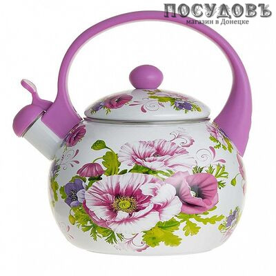 Metalloni EM-25001/14 Нежные маки чайник со свистком, 2,5 л, сталь эмалированная, цвет: белый с рисунком
