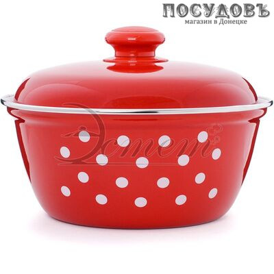 Эстет Горошинки на красном ЭТ-72407 салатник с крышкой с крышкой, сталь эмалированная, 2,0 л, Ø220×95 мм