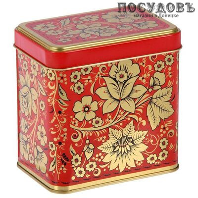 РФЖУ Хохлома цветы 060-00711 банка для хранения с крышкой, 98×67×98 мм, 600 мл, жесть, Россия 2 пр.