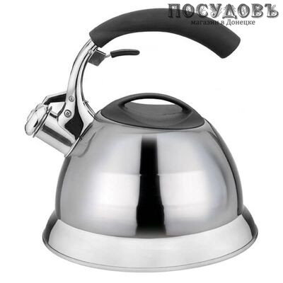 Maestro MR1314 чайник со свистком объемом 3,0 л, сталь нержавеющая, цвет: зеркальный, пластиковая прорезиненная ручка, в упаковке 1 шт