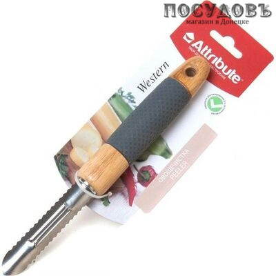 Attribute "Western" AGW040 овощечистка, лезвие: сталь нержавеющая 83×1,0 мм гладкая заточка, всадная деревянная прорезиненная рукоятка, цвет коричневый, на блистере 1 шт
