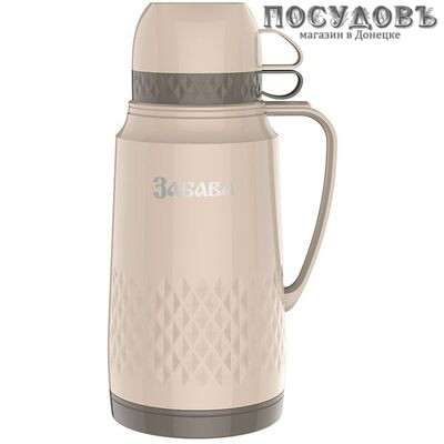 Забава РК-1801 термос с двумя кружками, колба стеклянная 1800 мл, цвет бежевый с коричневым