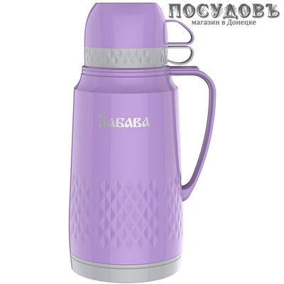Забава РК-1801 термос с двумя кружками, колба стеклянная 1800 мл, цвет сиреневый с серым