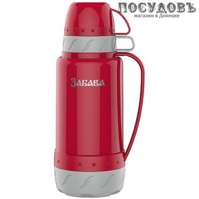 Забава РК-1802 термос с двумя кружками, колба стеклянная 1800 мл, цвет красный с серым