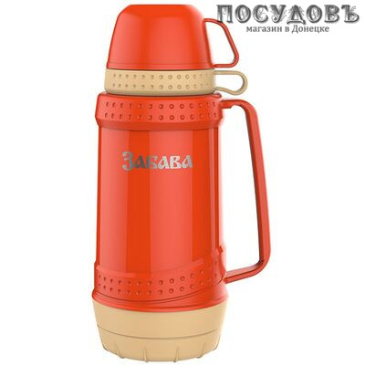 Забава РК-1803 термос с двумя кружками, колба стеклянная 1800 мл, цвет оранжевый с бежевым