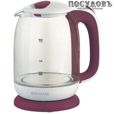 WillMark WEK-1704G электрочайник, 2200 Вт, 1700 мл, стекло термостойкое, подсветка, цвет белый с красным