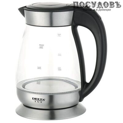 Delta Lux DL-1205 черный, электрочайник 2 200 Вт, 1 800 мл, корпус: стекло закаленное, внутренняя подсветка, Россия, гарантия 1 год