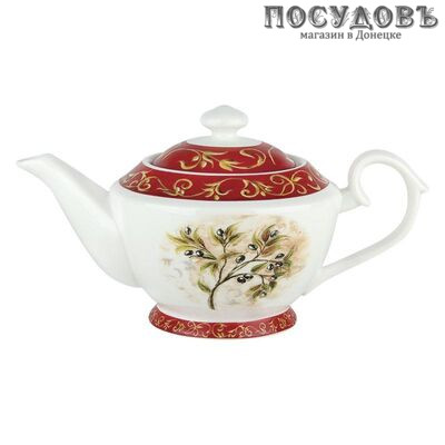 Коралл "Оливки" YQ1617/800 белый с рисунком, чайник заварочный, 800 мл, керамика, в упаковке 1 шт