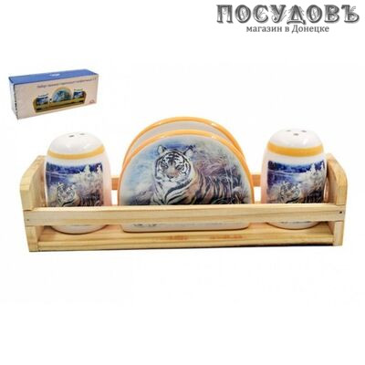 Коралл Бенгальский тигр ZFC049-C1 набор для специй солонка, перечница, подставка с салфетницей, доломит