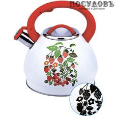 Забава PK-3002 Ягоды чайник со свистком, 3 л, сталь нержавеющая, цвет: белый с рисунком-индикатором, 1 шт.