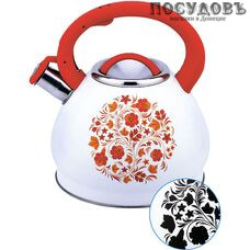 Забава PK-3003 Хохлома чайник со свистком, 3 л, сталь нержавеющая, цвет: белый с рисунком-индикатором, 1 шт.