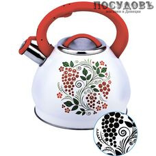Забава PK-3004 Рябина чайник со свистком, 3 л, сталь нержавеющая, цвет: белый с рисунком-индикатором, 1 шт.