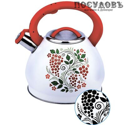 Забава PK-3004 Рябина чайник со свистком, 3 л, сталь нержавеющая, цвет: белый с рисунком-индикатором, 1 шт.