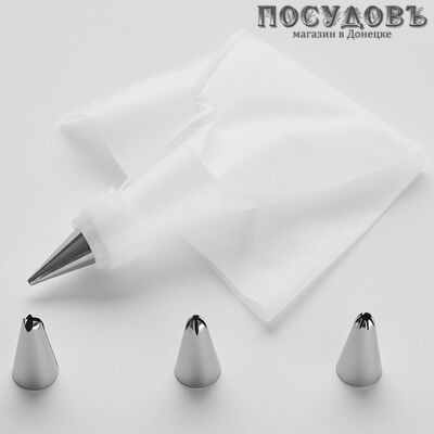 Webber ВЕ-0326 пластиковый мешок кондитерский с насадками из нержавеющей стали, 160×100×30 мм, цвет белый, Россия, на блистере 5 пр.