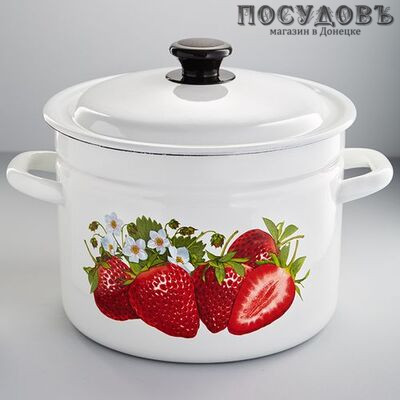 КМК Садовая клубника 41804-182/6-У4-СА кастрюля 6 л, Ø220 мм, сталь эмалированная, цвет белый с рисунком, с крышкой, Россия