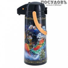 Забава РК-2008 Тройка термос c пневмопомпой, колба стеклянная 2000 мл, цвет черный с рисунком