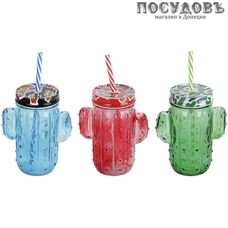 Коралл 4538 бутылка с крышкой и трубочкой, 380 мл, стекло, красный, зеленый, синий