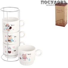 Коралл Веселые совы 5113 чайный набор, 230 мл, фарфор, 4 кружки и подставка 5 пр.