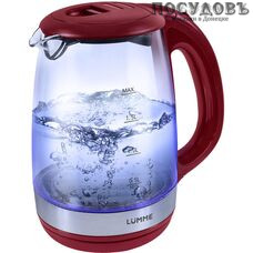 Lumme LU-135 электрочайник, 2200 Вт, 2 000 мл, стекло закаленное, цвет красный гранат, гарантия 1 год